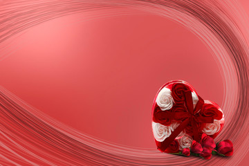 Valentine's day, romantic scene with flowers and hearts. Red festive background.