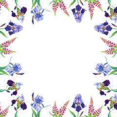 Blue,violet irises and pink lupines.Watercolor flowers,leaves on a white background.Floral frame.