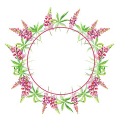 Round frame with pink lupines..Watercolor flowers,leaves on a white background.Floral frame.