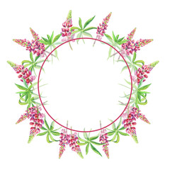 Round frame with pink lupines..Watercolor flowers,leaves on a white background.Floral frame.