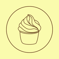 Cupcake pastry icon. Line art style creamy dessert isolated on light background. Bakery design logo in round frame. Sweets shop symbol template. Sticker design. Vector hand drawn Illustration.