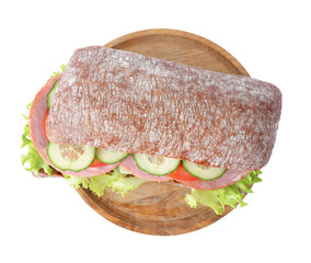 Tasty sandwich with ham isolated on white, top view