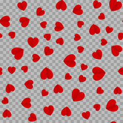 Seamless pattern with origami red hearts on transparent background. Vector.
