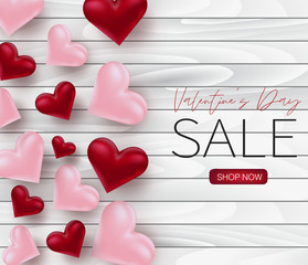 Valentine's day sale. Love hearts design concept background with wooden texture. Vector illustration.
