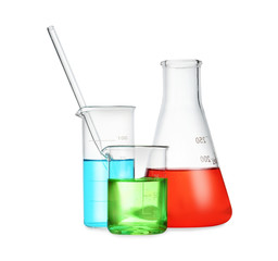 Different laboratory glassware with color liquid isolated on white