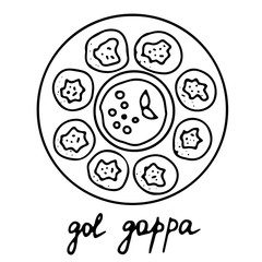 Hand drawn isolated indian food icon. Black outline illustration of indian dish. Gol gappa.  © Таня Дроздова