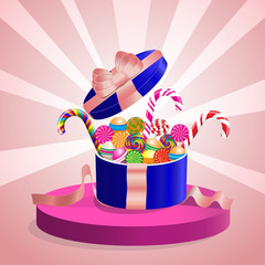 Lollipops set collection in gift box with bow, ribbons. Candy on stick twisted design.Valentines day vector. Boxing day, new year, merry christmas, birthday, holiday.Beautiful candy gift box. 8 March.