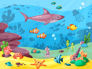 Obraz na płótnie Canvas Underwater life. Wild animals in ocean or sea water flowing big small fishes seaweed corals seashells. Vector background