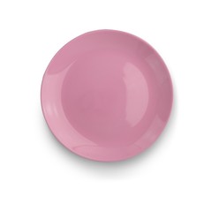 Top view of pink empty plate on isolated, white background, with a shadow