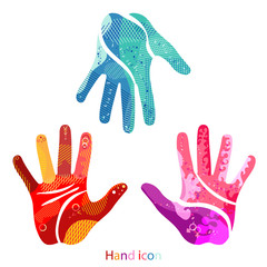 Set of abstract modern graphic hand,palm elements,icon. Dynamical colored Five finger hand open symbol,logo. Template for the design of a flyer,print shirt. Human hand, palm vector symbol, Palmistry