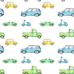 Naadloos patroon met kleurrijke auto& 39 s  aquarel hand tekenen illustratie  met witte geïsoleerde achtergrond