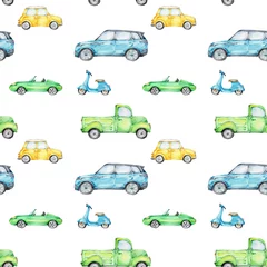 Deurstickers Auto Naadloos patroon met kleurrijke auto& 39 s  aquarel hand tekenen illustratie  met witte geïsoleerde achtergrond