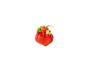 One red strawberry Asia irregular shape isolated on white background, close up