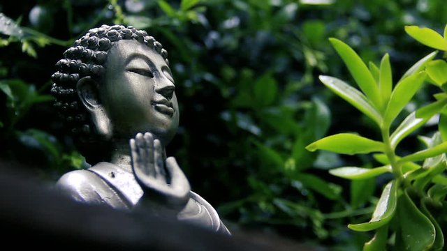 Serene Buddha Statue with Raised Hand in a Peaceful Garden - Close-Up