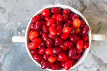 Dogwood is a sweet and sour red fruit. medicinal plant. ripe berries vitamin. Dogwood on a wooden blue background in a white plate with space for text. The concept of a healthy lifestyle