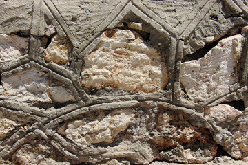 background of a solid stone wall of cement, limestone and light cobblestones with an uneven surface with a pattern