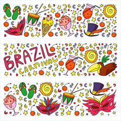 Brazilian vector pattern with palm, beach, sea, carnival. Brazil icons for posters and banners.