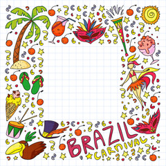 Brazilian vector pattern with palm, beach, sea, carnival. Brazil icons for posters and banners.