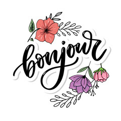 Bonjour inscription. Good day in French. Greeting card with calligraphy. Hand drawn design. Black and white. © 1emonkey