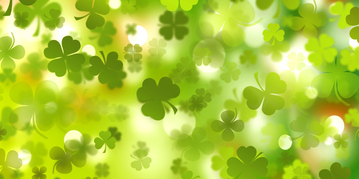  Clover flying leaves background. Saint Patrick's Day banner. Three leaf clover leaves