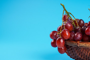 Fresh grape in an old buskets on blue background with copyspace. Selective focus