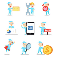 Set of character man wearing pajamas on night.