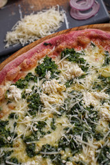 Cheese pizza with herbs. Unconventional Pink Pink Dough. Pizza menu.