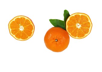 slice orange with leaf on white background  