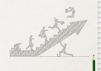スケッチブックに描かれた矢印の階段を駆け上がるビジネスマンのシルエット