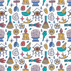Witchcraft cute vector doodle hand drawn seamless pattern, background, texture. Isolated on white background. Different magic tools, equipment. Alchemistry, talismans, plants. Decorative element. 