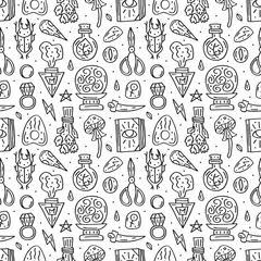 Witchcraft cute vector doodle hand drawn seamless pattern, background, texture. Isolated on white background. Different magic tools, equipment. Alchemistry, talismans, plants. Decorative element. 