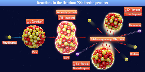 Reactions in the Uranium-235 fission process (3d illustration) - obrazy, fototapety, plakaty