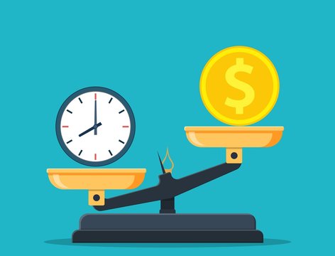 Time vs money on scales, disbalance. Time is money concept. Vector illustration in flat style.