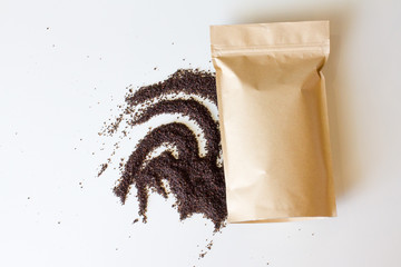 Coffee body scrub and packaging with space for text. Cosmetology, Spa and beauty products, the concept of beauty, recreation and health. The industry of beauty and relaxation. ground coffee 
