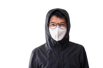 Asian man wearing surgical mask to prevent flu disease Corona virus and PM 2.5 dust, isolated on white background, clipping path
