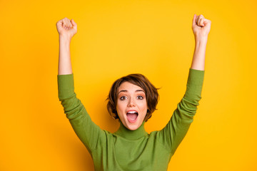 Close up photo of crazy funky sports fan girl celebrate football team victory raise fists scream...