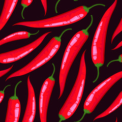 Vector seamless pattern with red hot chili peppers on dark red background; natural design for fabric, wallpaper, package, textile, web design.