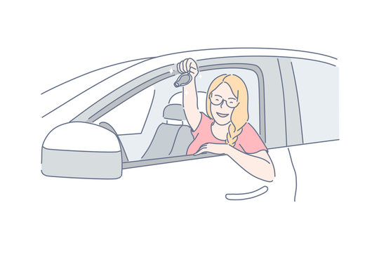 Car, buy, passing driving concept. Young cheerful woman passed her driving test and got driver license. Happy girl bought brand new car in salon and holds key on it in her hand. Simple flat vector