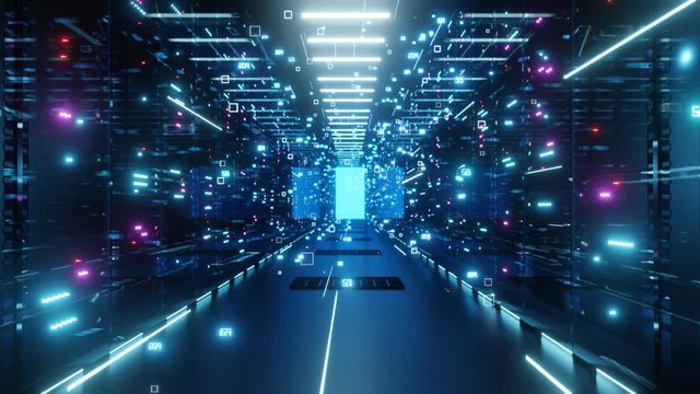 Data center with endless servers. Network and information servers behind glass panels. Big data. Counter. Server room with twinkling lights. 4K high quality loop animation