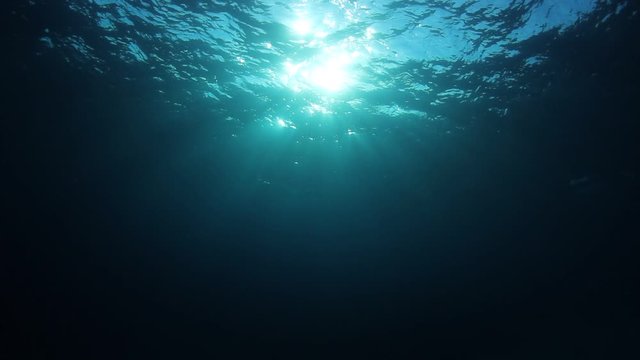 Underwater blue background in sea with sun in ocean	