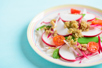 Healthy vegetables salad with sliced radish, tomato, green pea and quinoa seed