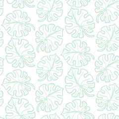 Hand drawn abstract seamless pattern with green monstera leaves. Exotic tropical leaves isolated on a white background. Template for card, fabric, wrapping paper. Vector illustration in pastel colors