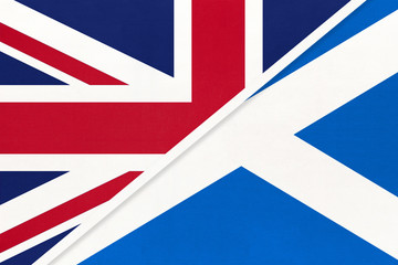 United Kingdom of Great Britain vs Scotland national flag from textile. Relationship between two european countries.