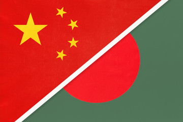 People's Republic of China or PRC vs Bangladesh national flag from textile. Relationship between two asian countries.