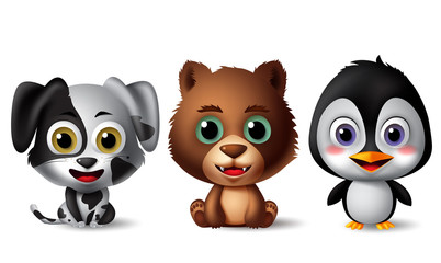 Animals character vector set. Dog, bear and penguin animal characters in sitting and standing pose with smiling facial expression isolated in white background. Vector illustration.  © Zeinous