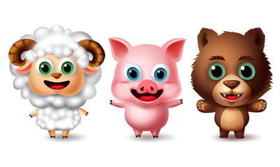 Animal characters standing vector set. Lamb, pig and bear animal characters in smiling facial expression while standing isolated in white background. Vector illustration. © Zeinous