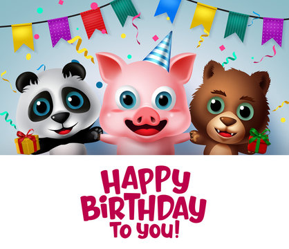 Birthday greeting kids animals vector template. Happy birthday greeting text with kids animal characters like pig, panda and bear in a party elements in blue background. Vector illustration.