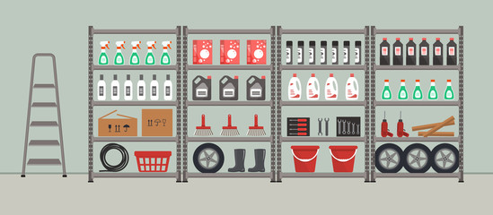 Shelving with household goods. Storeroom. Warehouse racks. There are tools, boxes, buckets, brushes, bottles, step ladder and other things in the picture. Vector illustration