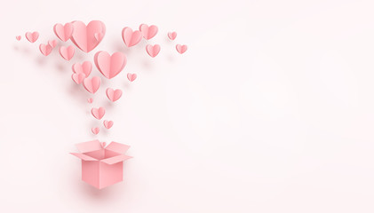 Hearts with gift box postcard. Paper flying elements on pink background. Vector symbols of love for Happy Mother's, Valentine's Day, birthday greeting card design..