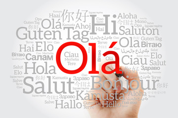 OLA (Hello Greeting in Portuguese) word cloud in different languages of the world with marker